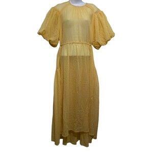 Lena Dress Womens Medium Oversized Yellow Sheer Short Puff Sleeve Tie Waist Maxi